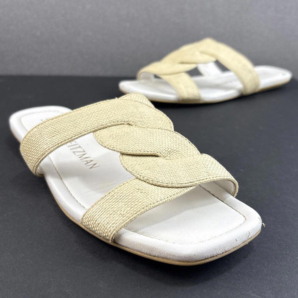 Stuart Weitzman‎ Ibiza Open Square Toe Slide Flat Sandals 7 Cream Canvas Straps